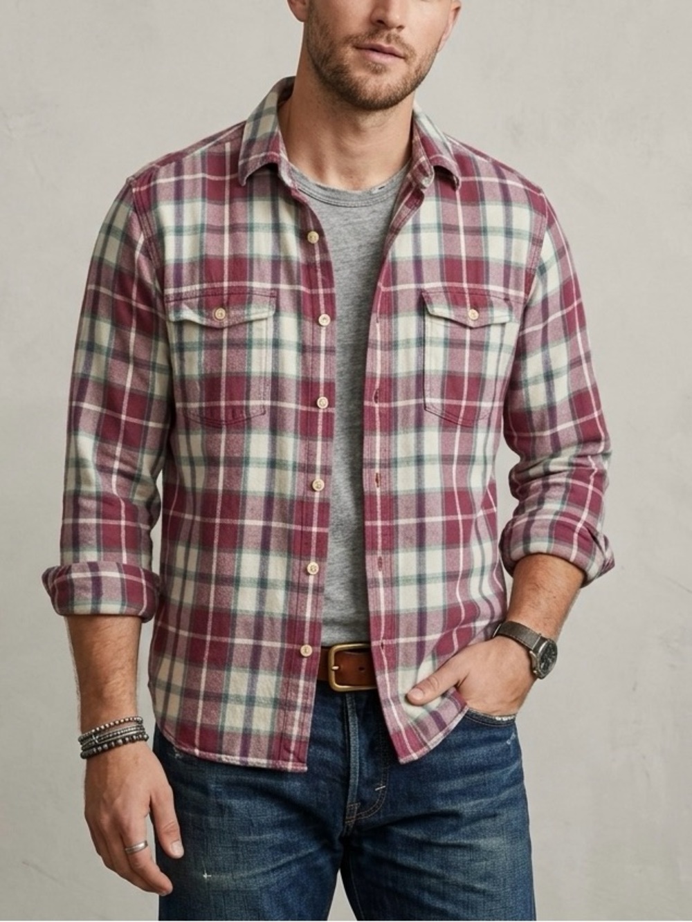 Lucky Brand Plaid Flannel Button Down Shirt Mauve Teal Classic Fit